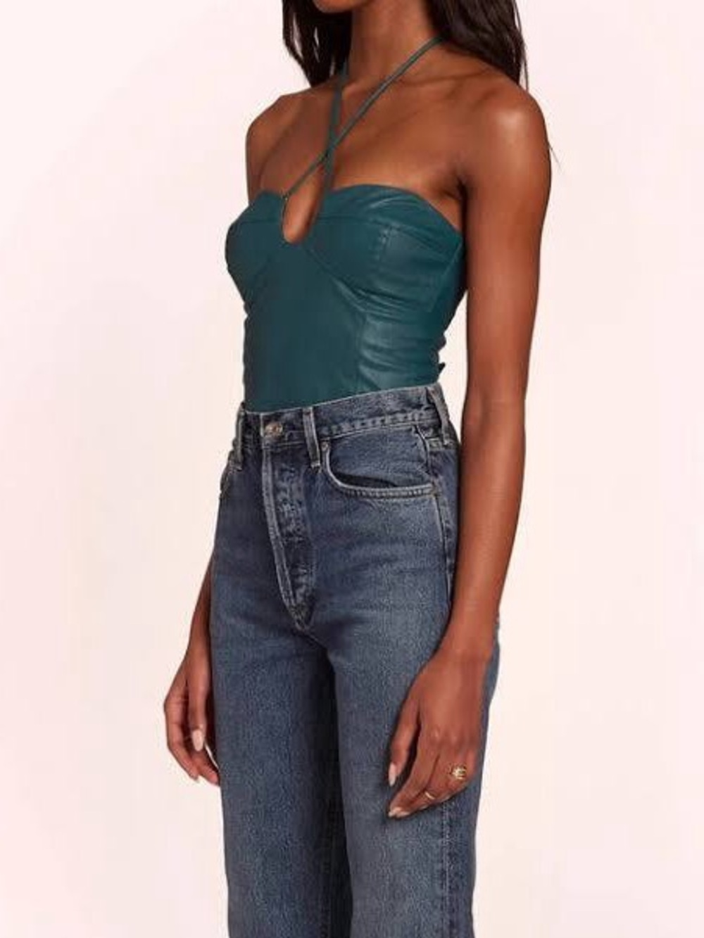 Amanda Uprichard Greca Bodysuit Pine Green Faux Leather Medium